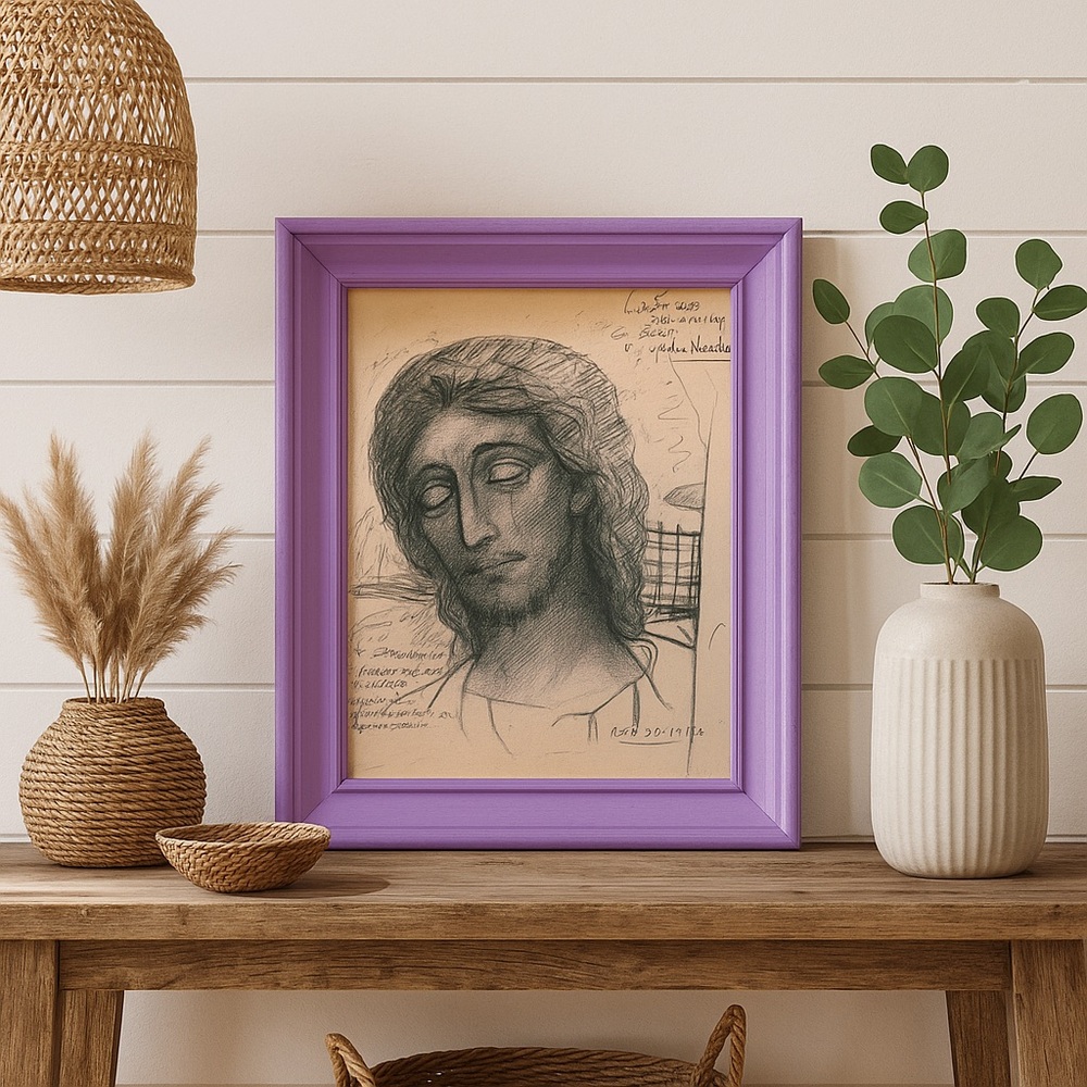 Hand-Drawn Christ Portrait Framed Art – Religious Sketch – Signed – Rustic